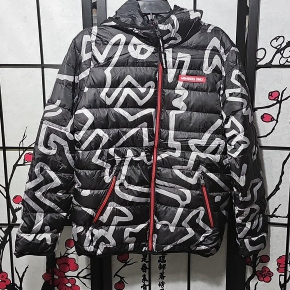 K. Haring Reversible Black and Red Puffer Jacket Small NWOT Members Only